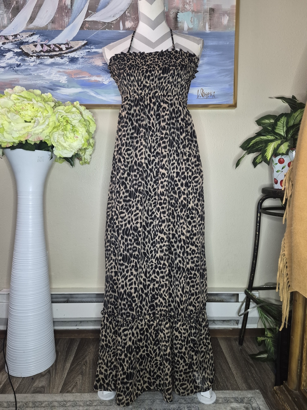 Smocked Strapless Leopard-Print Maxi Dress in Beige/Black